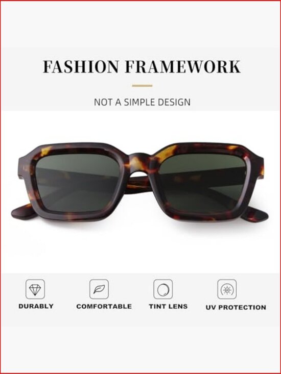 Square Sunglasses for Men Women, UV400 Protection, Designer Inspired Retro Frame